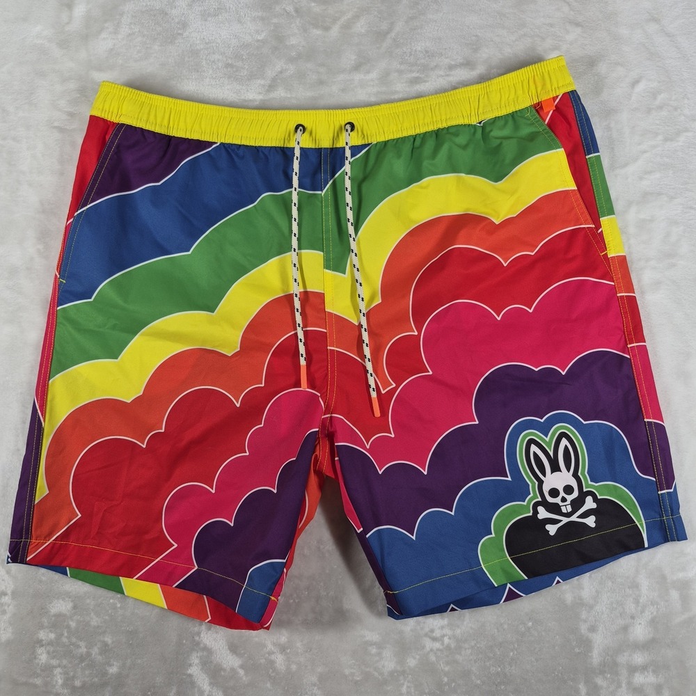 Psycho Bunny Swim Trunks Men's 2XL XXL Lined Chelton Neon Bolt Beach Pool Shorts